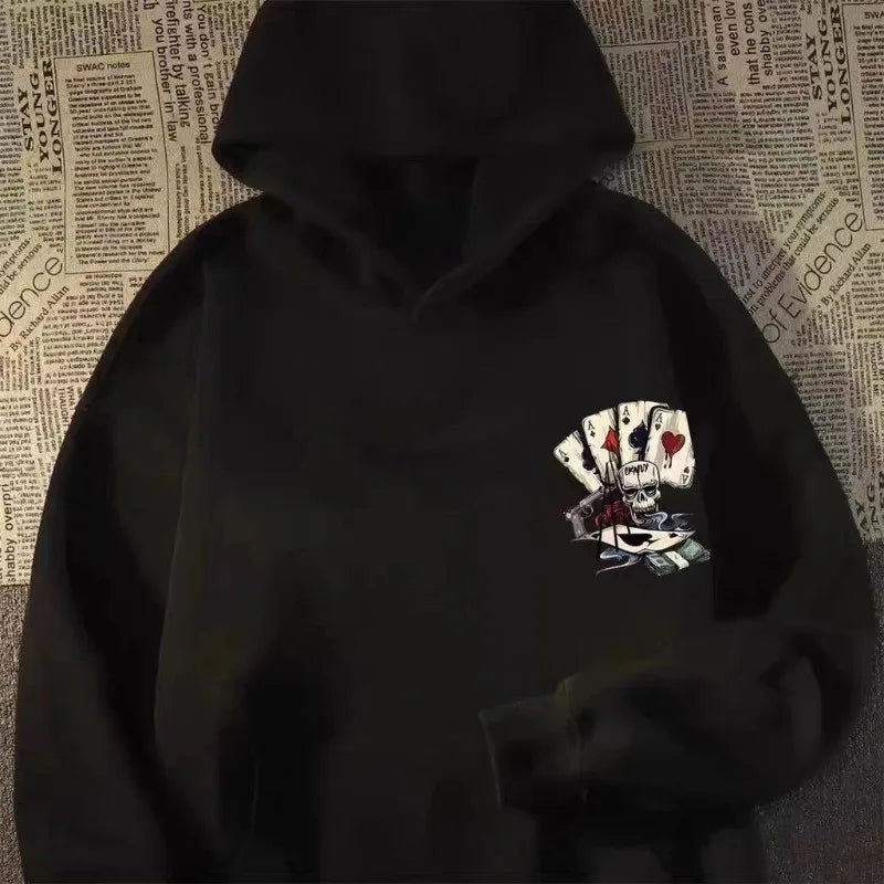 Black men pullover hoodie featuring skeleton poker print and oversized sweatshirt fashion design for autumn wear