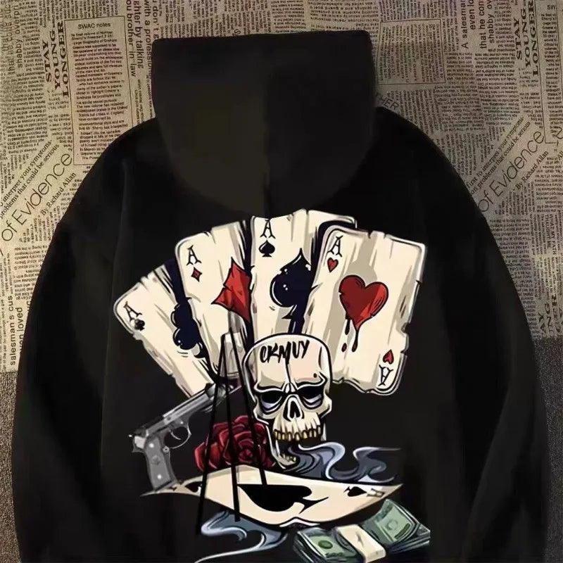 Black men pullover hoodie with bold skeleton poker print playing cards and gun on the back oversized sweatshirt fashion