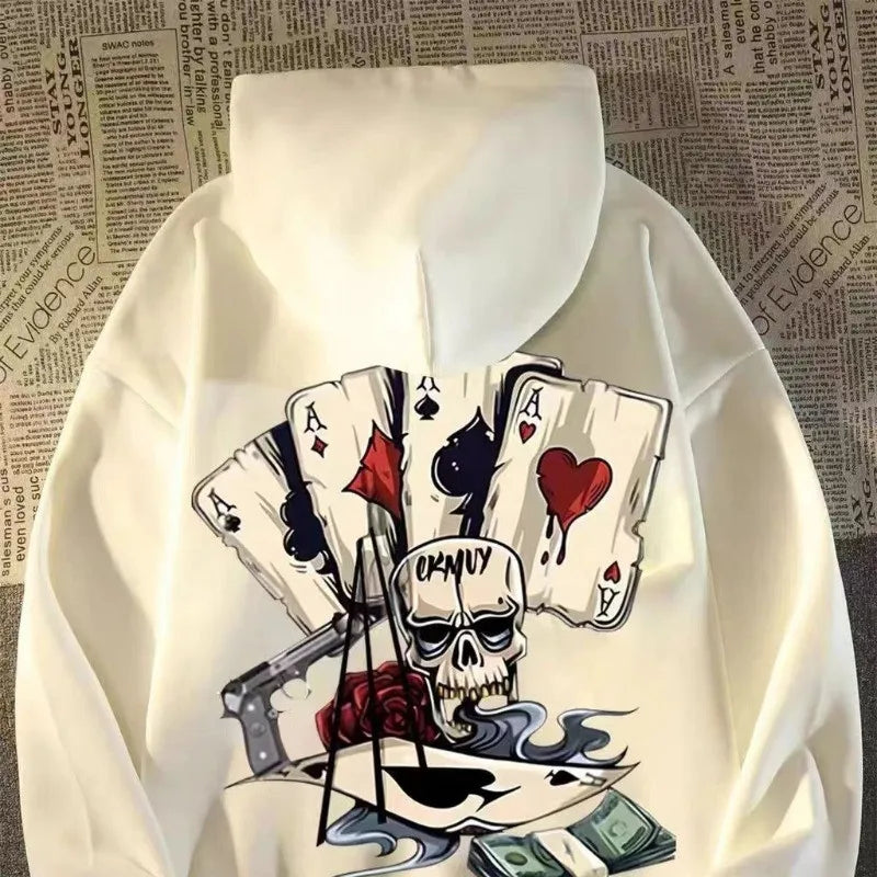 White men pullover hoodie with oversized sweatshirt fashion featuring skeleton poker print skull gun and money graphic