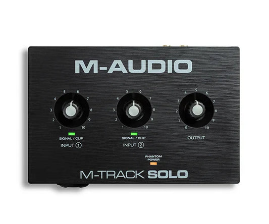 Black m-audio m-track solo audio interface with three knobs and silver branding for recording arranger mixing and audio interface recording