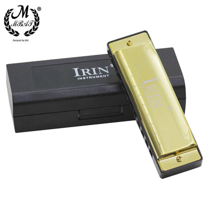 Gold-colored m mbat 10 holes 20 tones key g blues harmonica with black abs box case and engraved branding