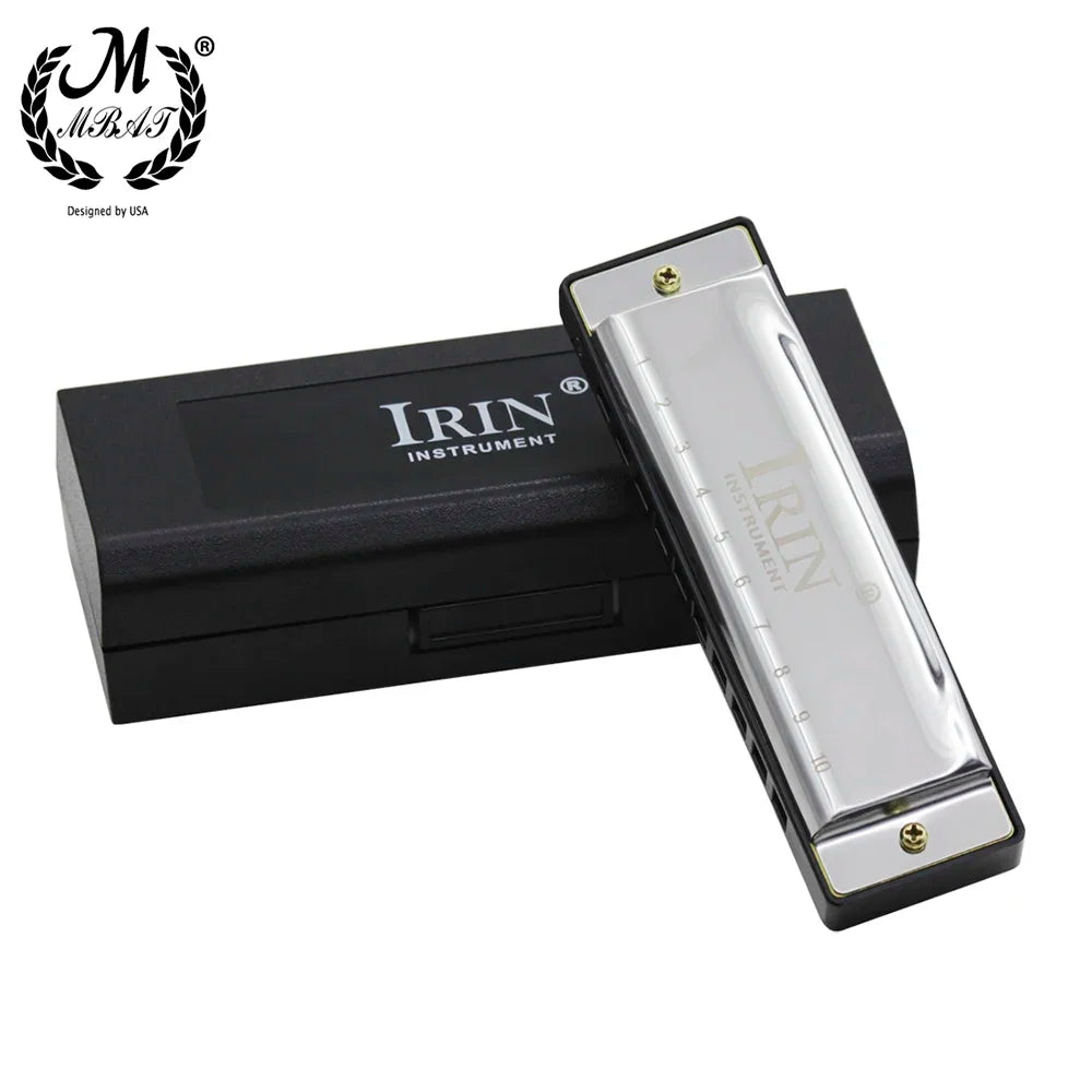 Silver-toned m mbat blues harmonica with black abs box case gold screws 10 holes 20 tones beginner woodwind instrument