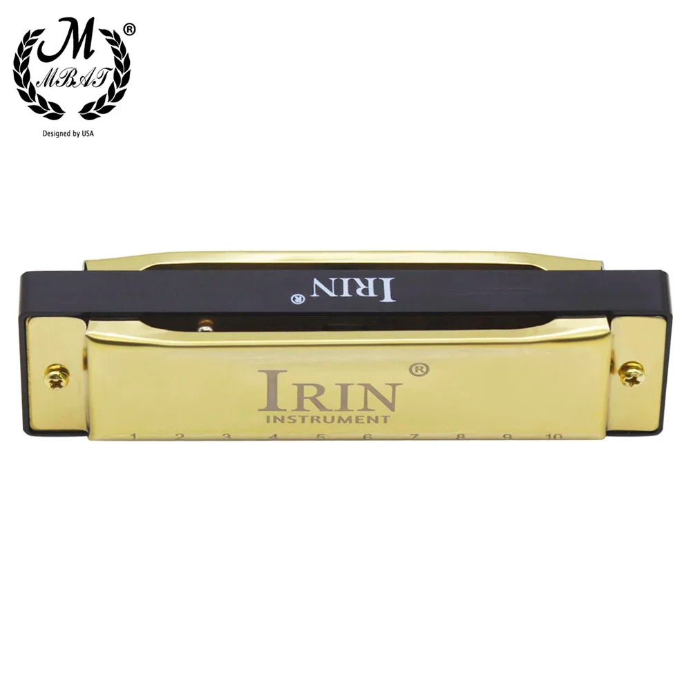 Gold-colored m mbat blues harmonica with black top plate and engraved brand markings in abs box for beginners