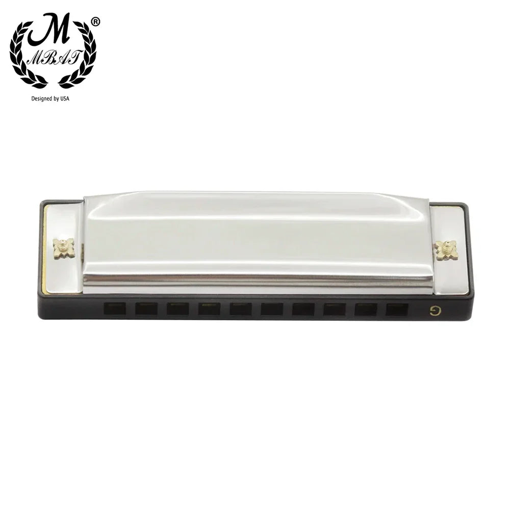 Silver blues harmonica with black abs box casing and gold decorative ends for beginner music lovers and woodwind players