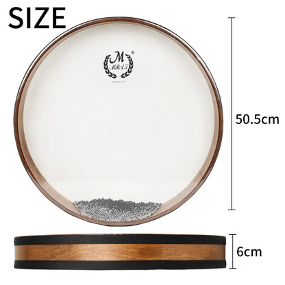 A 50.5cm wooden-framed hand drum with white head and silver beads featuring m.a.r.t. branding for waves sound ocean play
