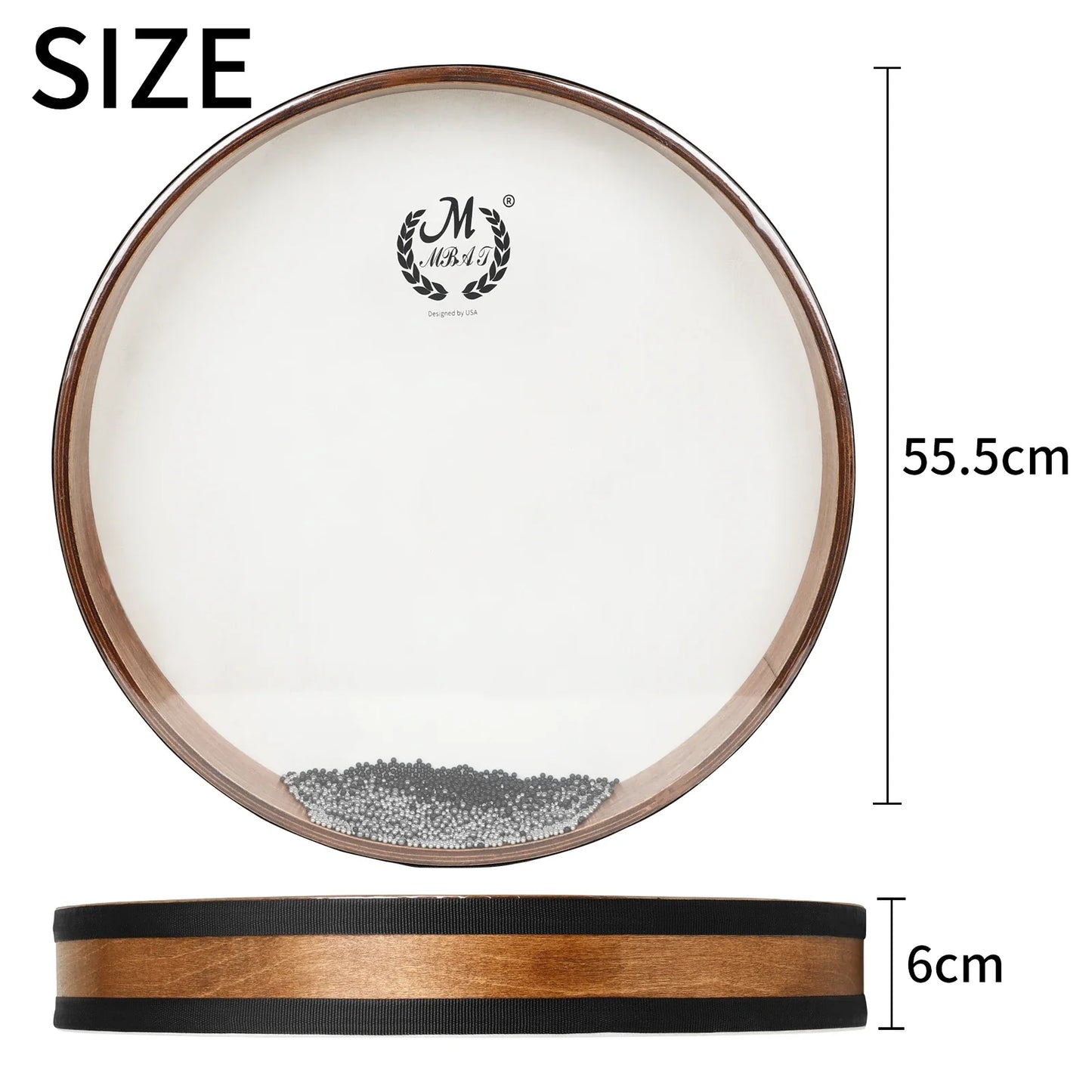 A round wooden-framed 16 inch tambourine waves sound hand drum with a white head and silver beads inside