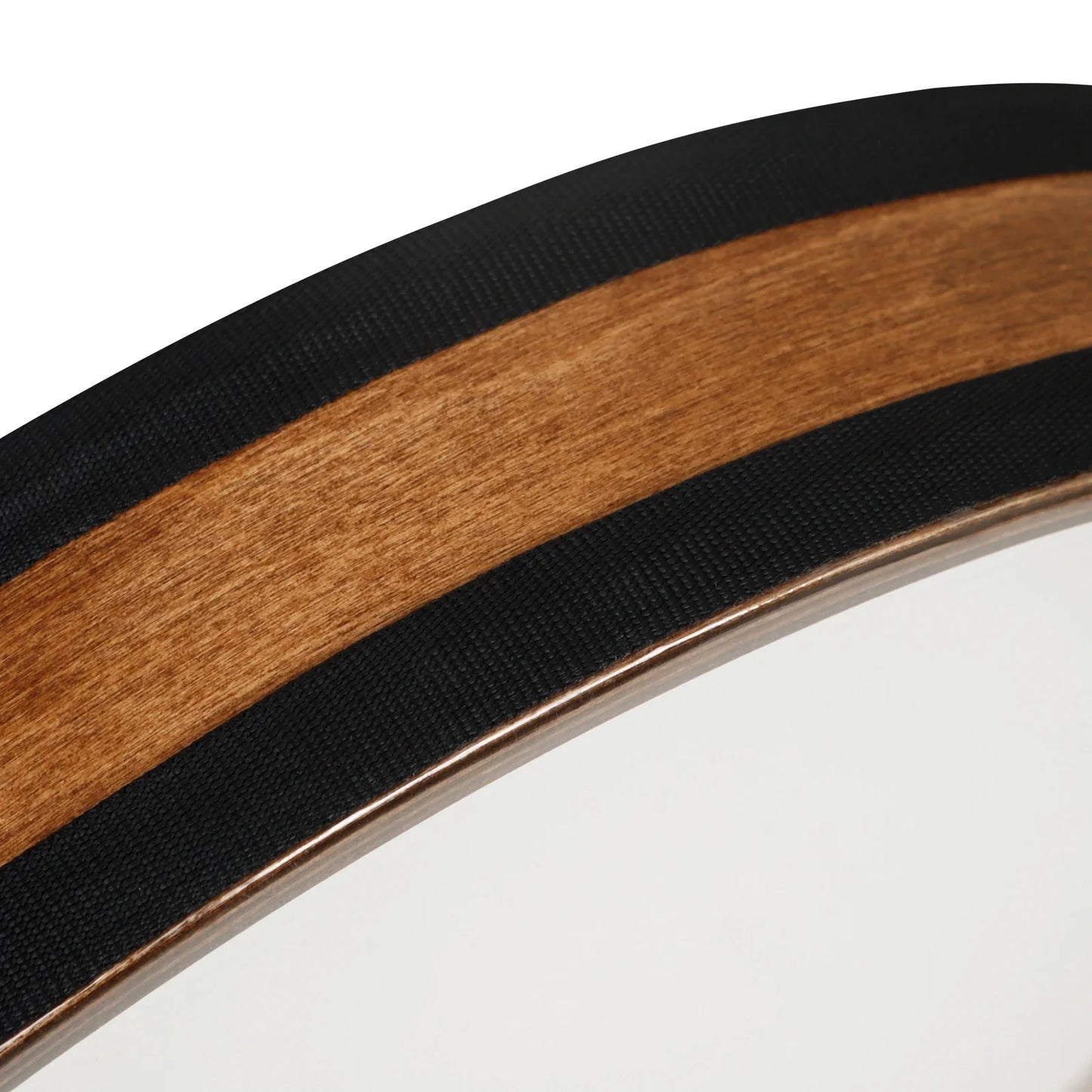 A curved inch tambourine waves frame with sleek black fabric border and warm natural wood grain for ocean drums