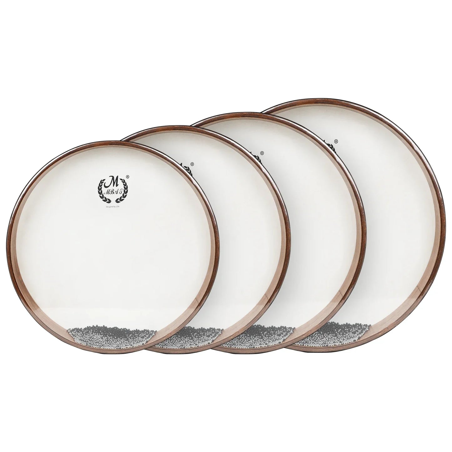 Set of four white inch tambourine waves drumheads with bronze rims and glittery waves sound ocean pattern for children gifts