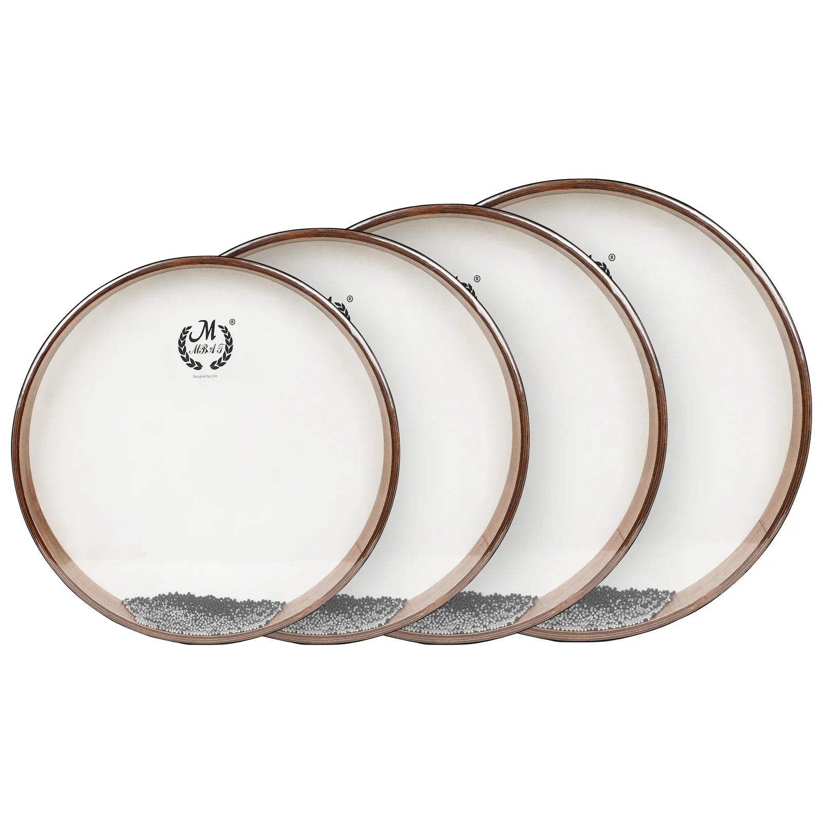 Set of four white inch tambourine waves drumheads with bronze rims and glittery waves sound ocean pattern for children gifts