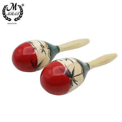 Hand-painted maracas wooden with vibrant red cream and green sections and black palm leaf designs for tropical party use