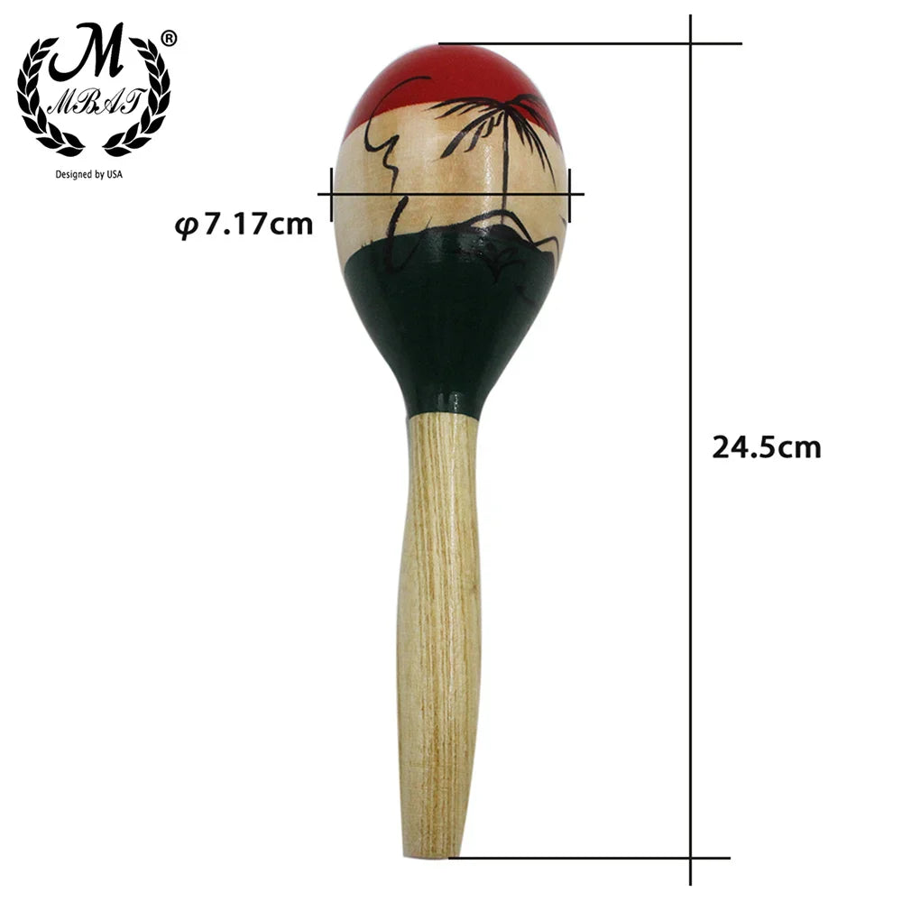 Hand-painted maracas wooden in red beige and black tropical design for party percussion and baby shaker toy use