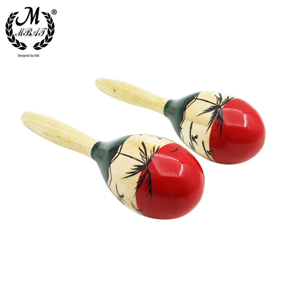 Hand-painted red and cream maracas wooden shakers with black palm tree design on wooden handles for tropical party use