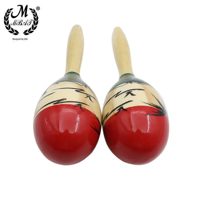 Hand-painted maracas wooden with red and cream bodies, black patterns, and light wood handles for tropical party use