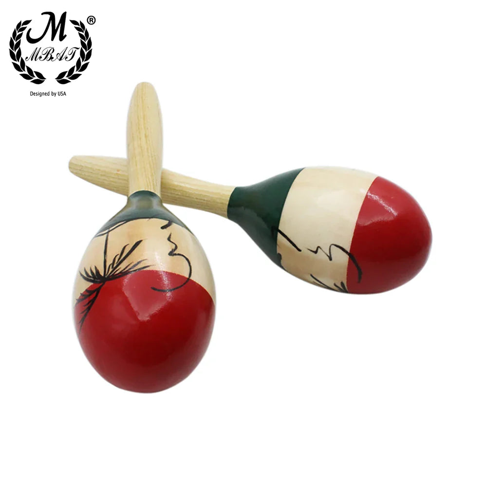 Hand-painted maracas wooden with red white green sections and black line art for musical party and baby shaker toy