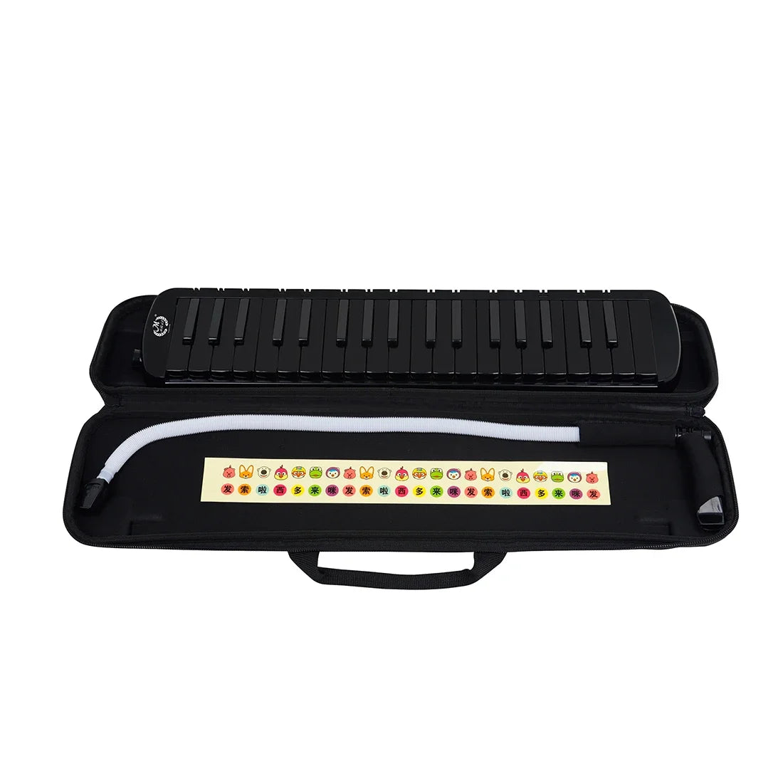 Black 32 keys melodica performance melodica with white flexible tube and colorful sticker sheet in eva bag for musicians