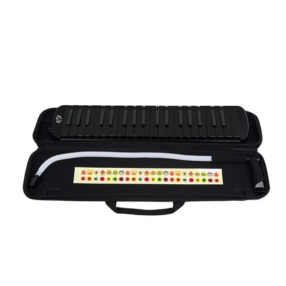 Black 32 keys melodica performance melodica with white flexible tube and colorful sticker sheet in eva bag for musicians
