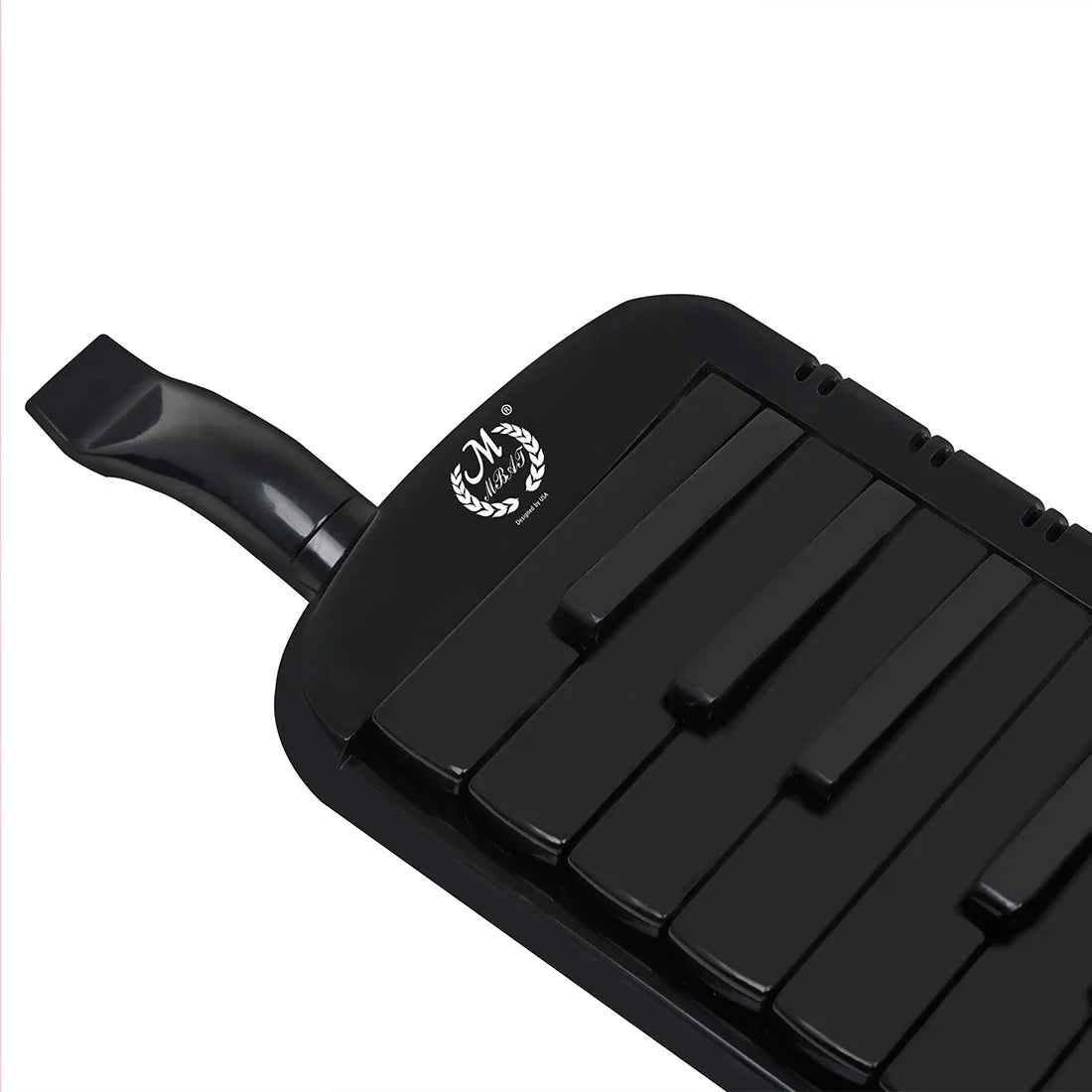 Black plastic keys melodica with glossy finish and white logo ideal for melodica performance enthusiasts