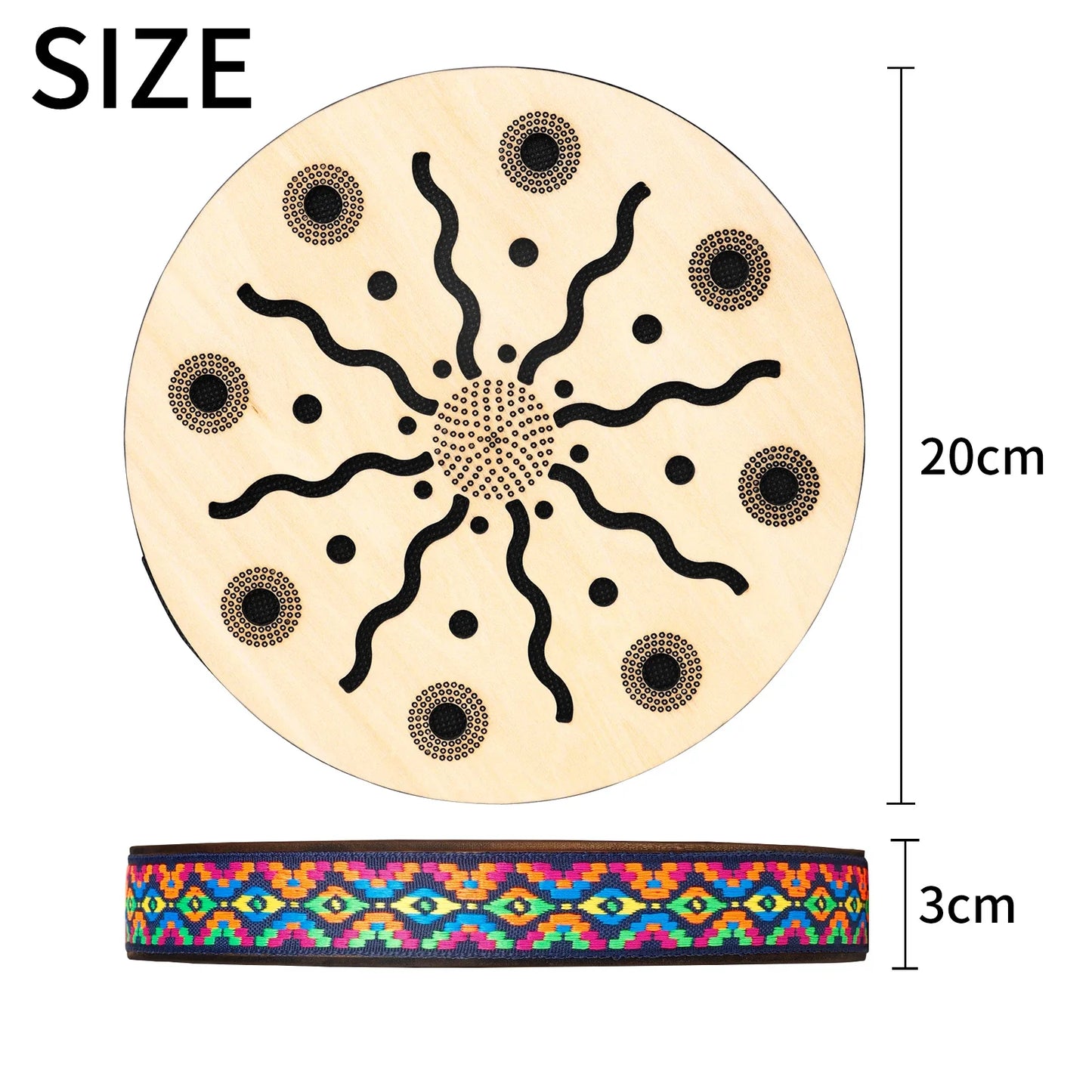 8 inch light wooden stream drum with black sun pattern laser-cut design for sound therapy instrument use