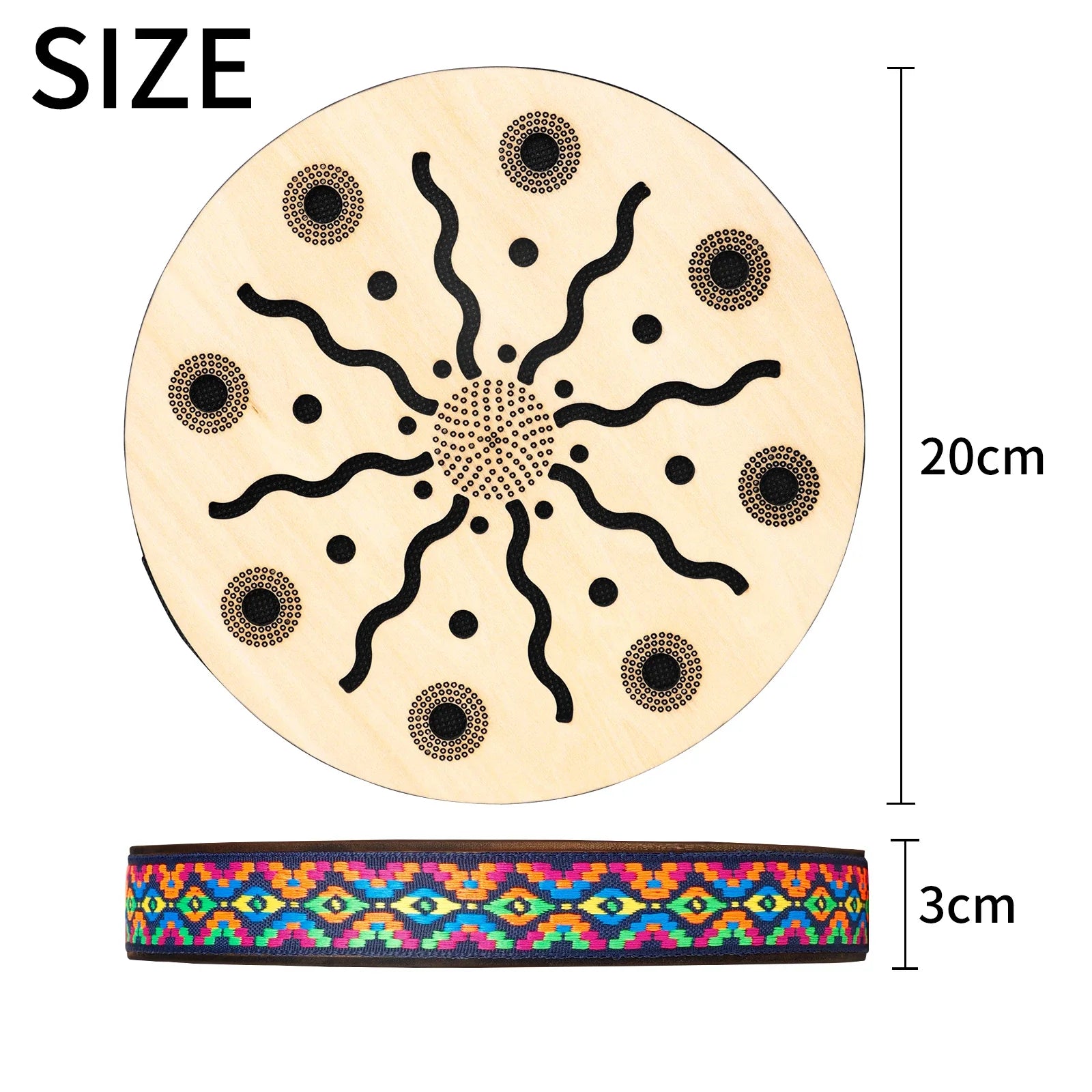 8 inch light wooden stream drum with black sun pattern laser-cut design for sound therapy instrument use