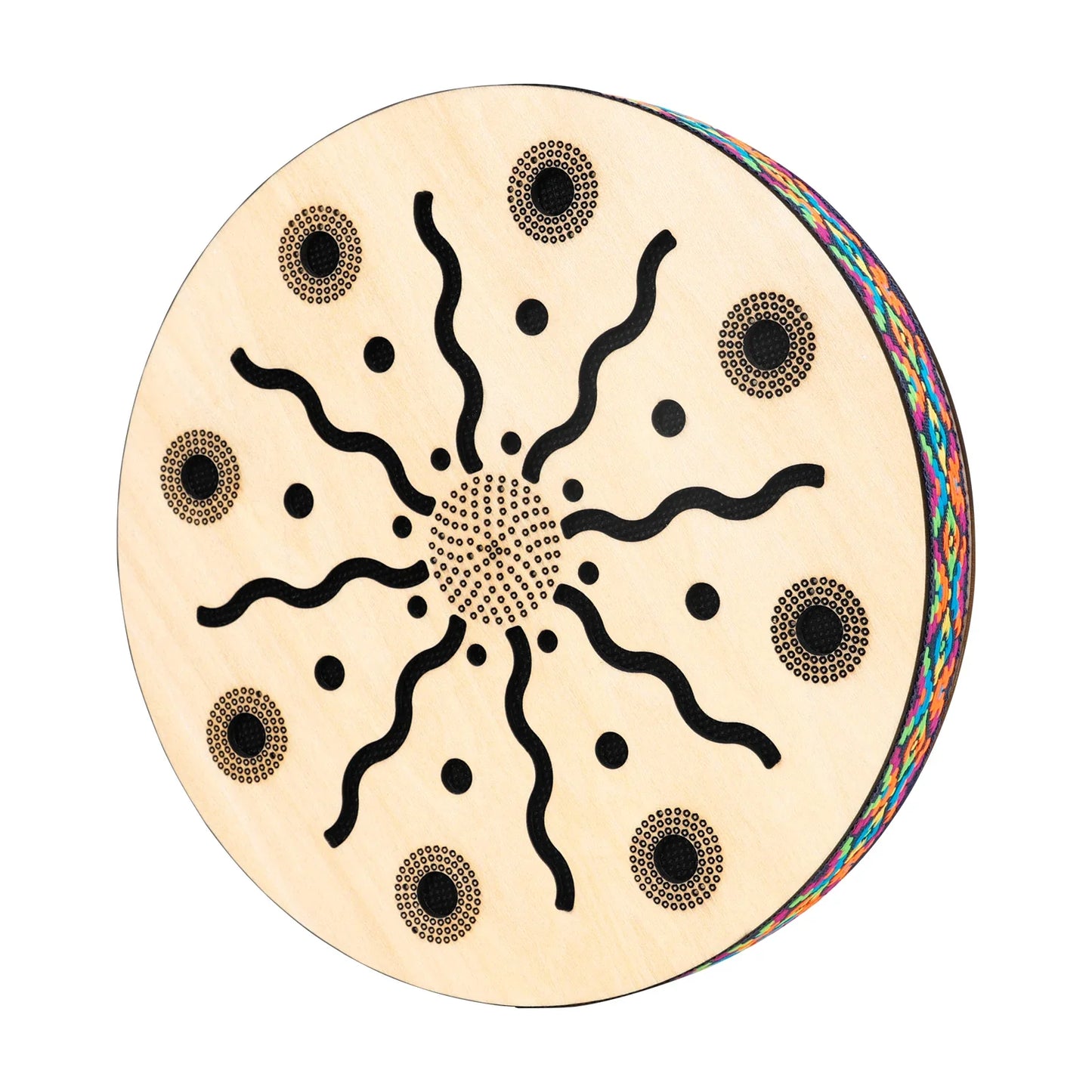 M MBAT 8 inch circular wooden stream drum with natural finish and sun pattern for sound therapy instrument use