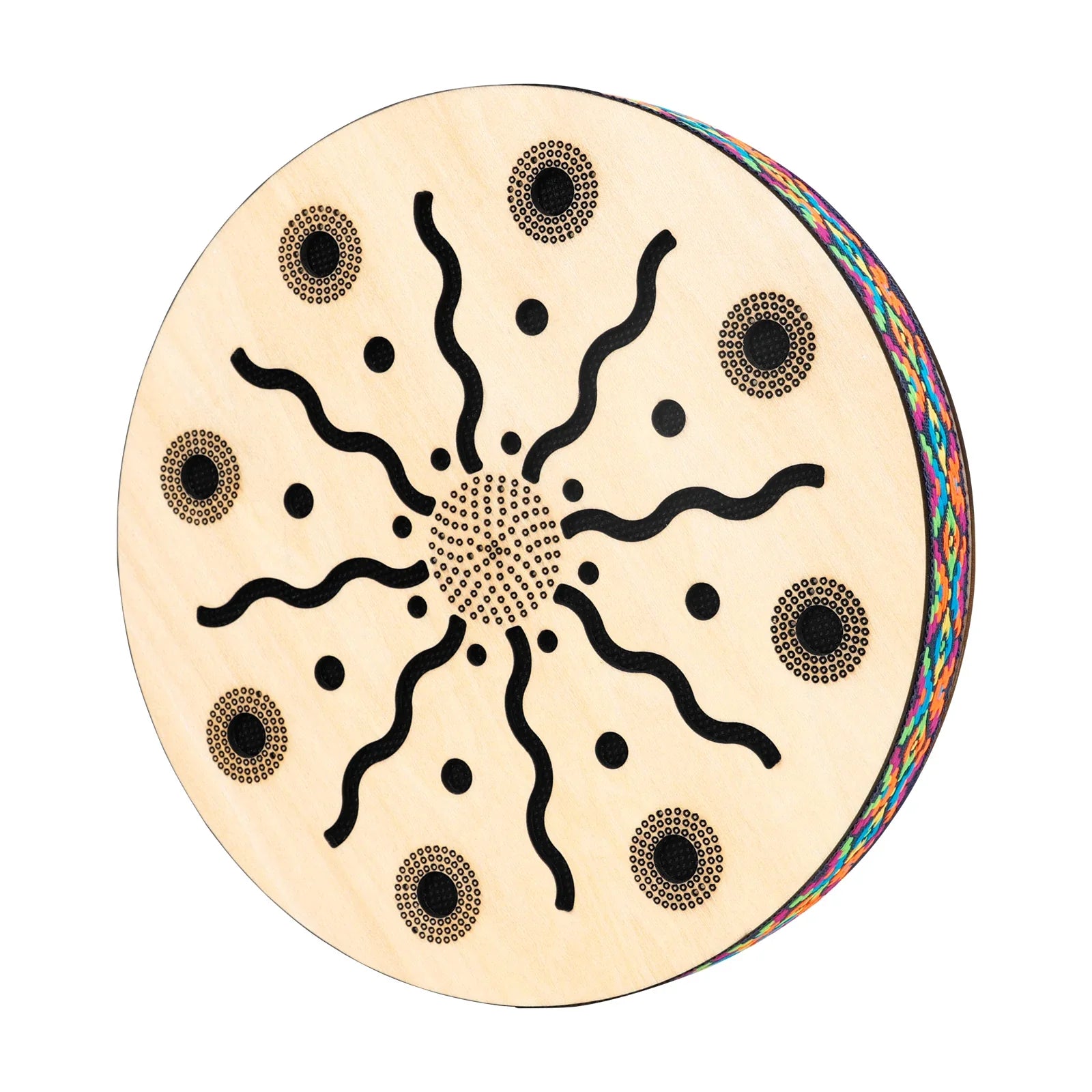 M MBAT 8 inch circular wooden stream drum with natural finish and sun pattern for sound therapy instrument use