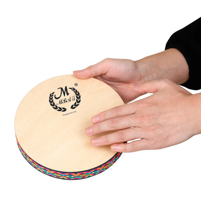 Light-colored wooden m mbat 8 inch stream drum with colorful rim and black logo for sound therapy instrument use