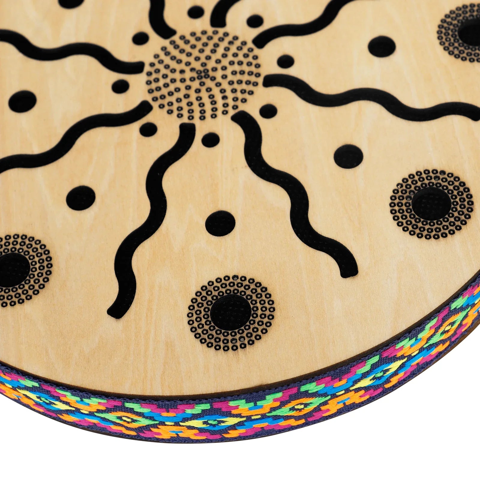 Light-colored wooden 8 inch stream drum with black laser-engraved sun pattern and colorful trim for sound therapy instrument