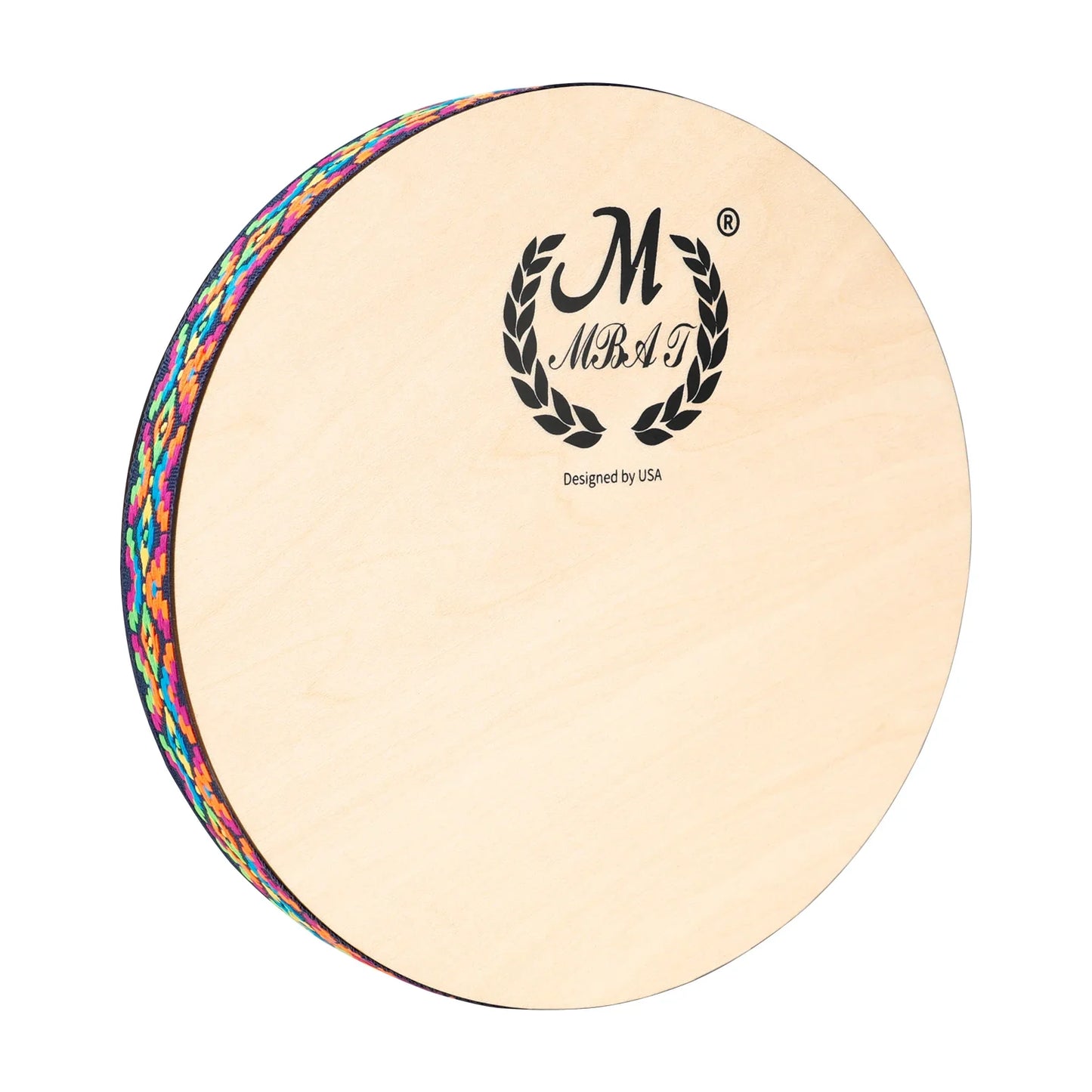 A round wooden 8 inch stream drum with natural finish, colorful trim, and mbai logo for sound therapy instrument use