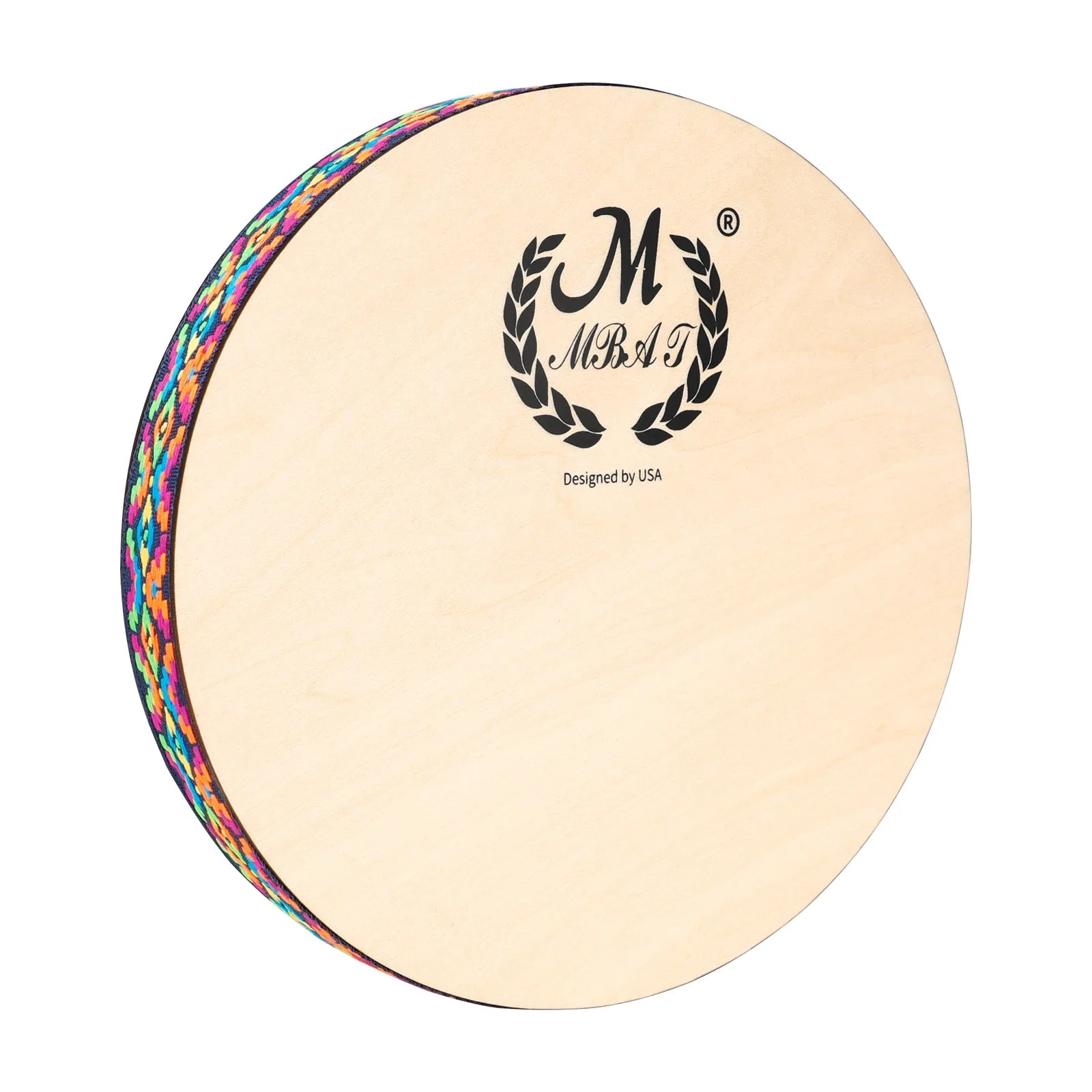 A round wooden 8 inch stream drum with natural finish, colorful trim, and mbai logo for sound therapy instrument use