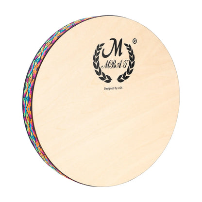 A round wooden 8 inch stream drum with natural finish, colorful trim, and mbai logo for sound therapy instrument use