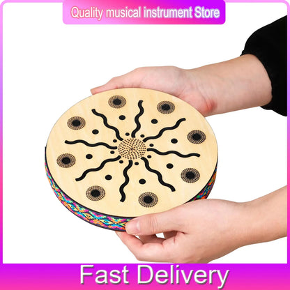 M mbat 8 inch round wooden stream drum with intricate black laser-cut sun pattern for sound therapy instrument use
