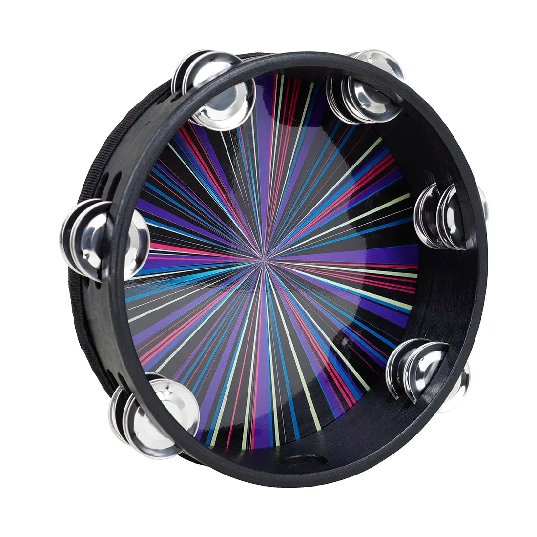 Black 8 inch tambourine handbell hand wooden double bell with vibrant multicolored pattern and chrome jingles for kids