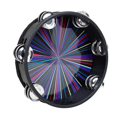 Black 8 inch tambourine handbell hand wooden double bell with vibrant multicolored pattern and chrome jingles for kids