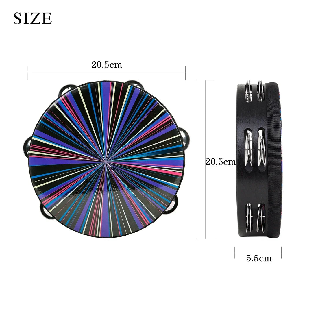 A vibrant 8 inch tambourine handbell hand drum with a black wooden frame and colorful radial stripes for percussion