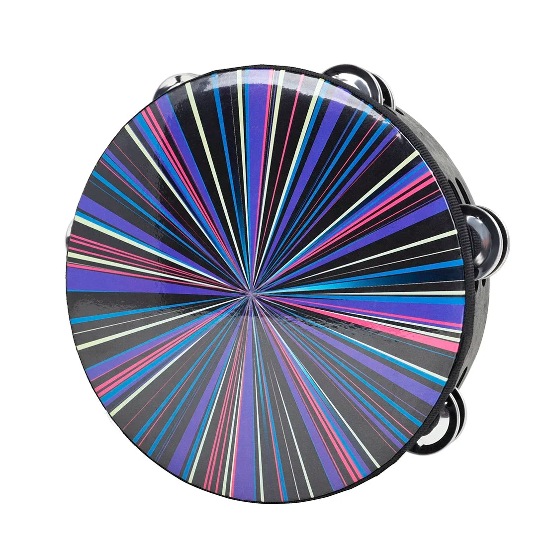 Vibrant rainbow-striped 8 inch tambourine handbell hand with glossy finish wooden body and black metal jingles for music
