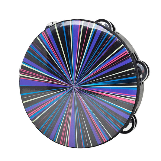 Vibrant rainbow-striped 8 inch tambourine handbell hand with glossy finish wooden body and black metal jingles for music