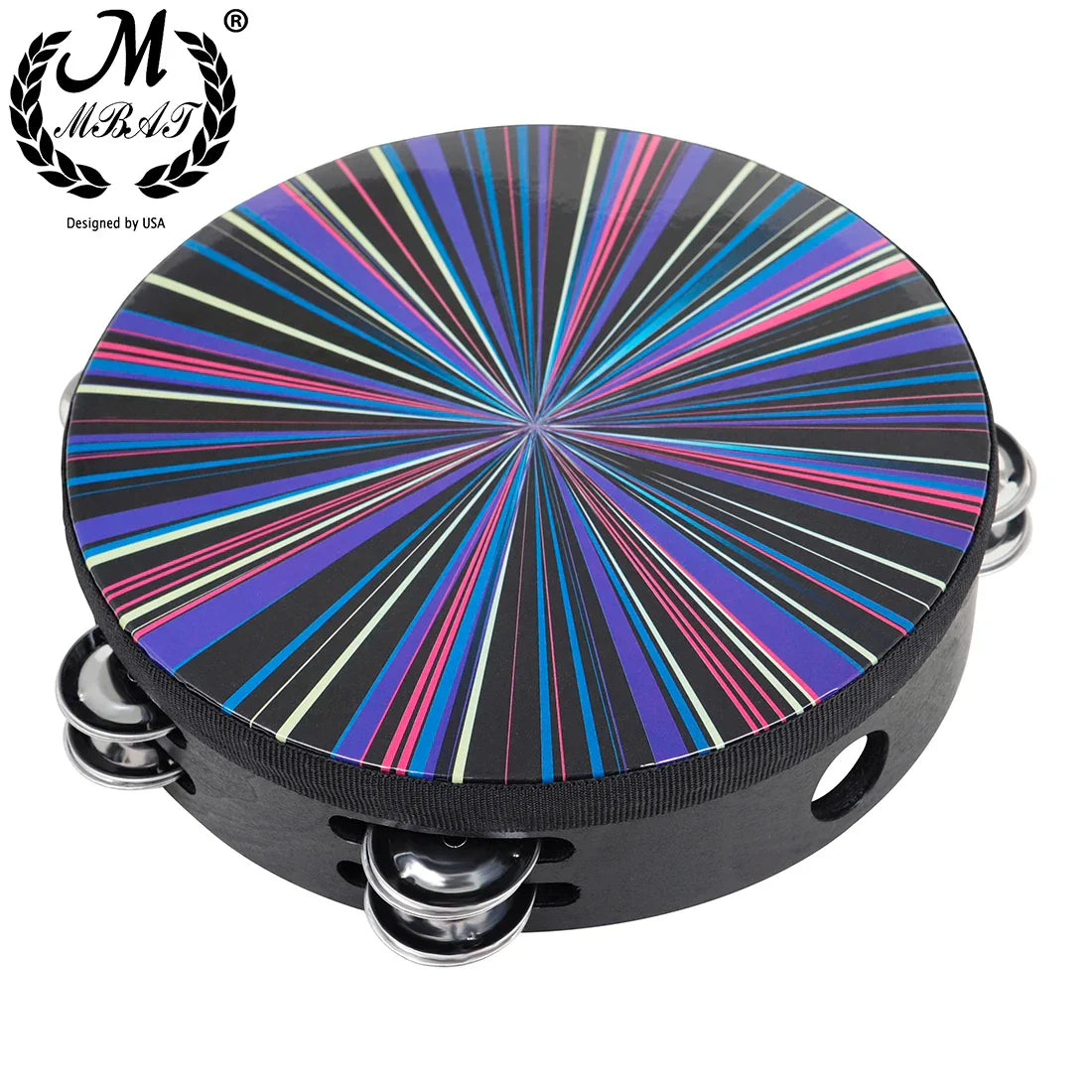 Vibrant rainbow-striped 8 inch tambourine handbell hand with chrome jingles and black wooden frame by m.b.a.t
