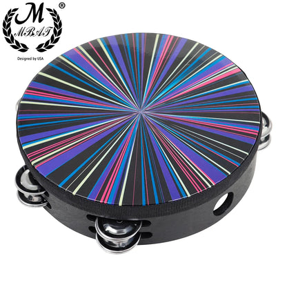 Vibrant rainbow-striped 8 inch tambourine handbell hand with chrome jingles and black wooden frame by m.b.a.t