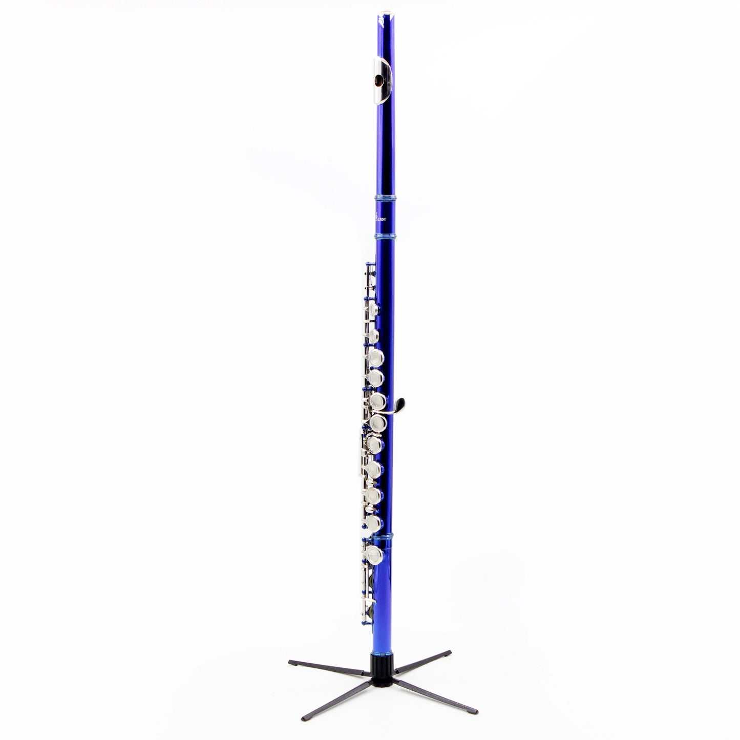 A sleek vibrant blue flute with silver keys displayed on an mbat flute stand collapsible clarinet stand music tools high quality