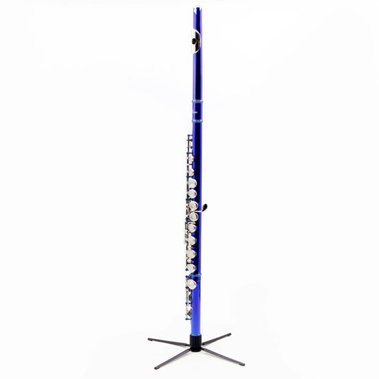A sleek vibrant blue flute with silver keys displayed on an mbat flute stand collapsible clarinet stand music tools high quality