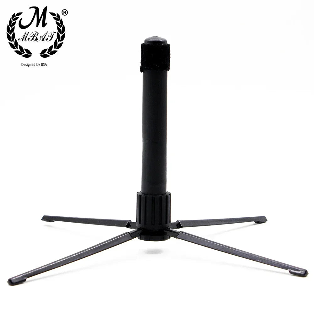 Black plastic mbat flute stand with foldable legs and padded cap as a clarinet rest rack holder for woodwind instruments