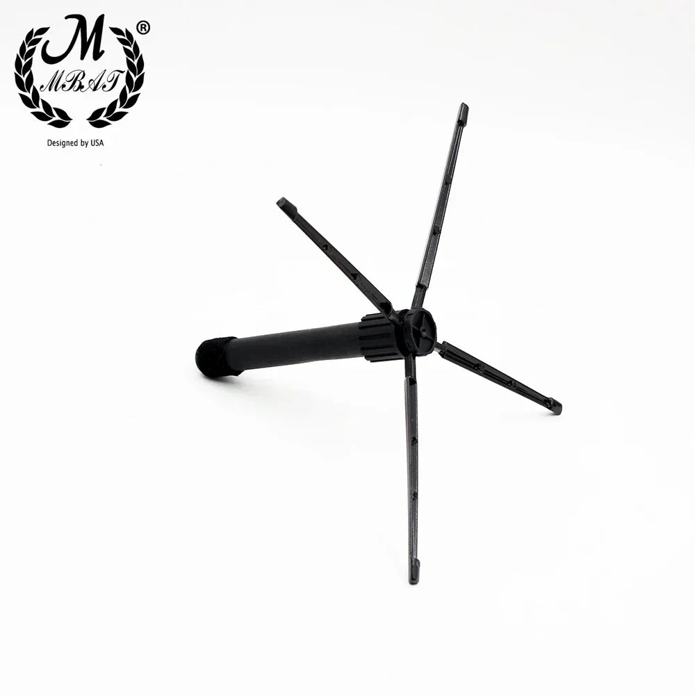 Black plastic mbat flute stand with four adjustable legs and central column foldable clarinet rest rack holder