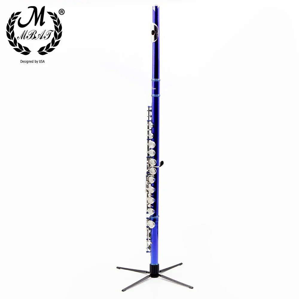A vibrant blue flute with silver keys displayed with mbat flute stand foldable clarinet rest rack holder accessories