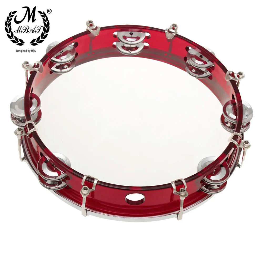 Red mbat hand tambourine with white drumhead and silver jingles made of stainless steel for musical education