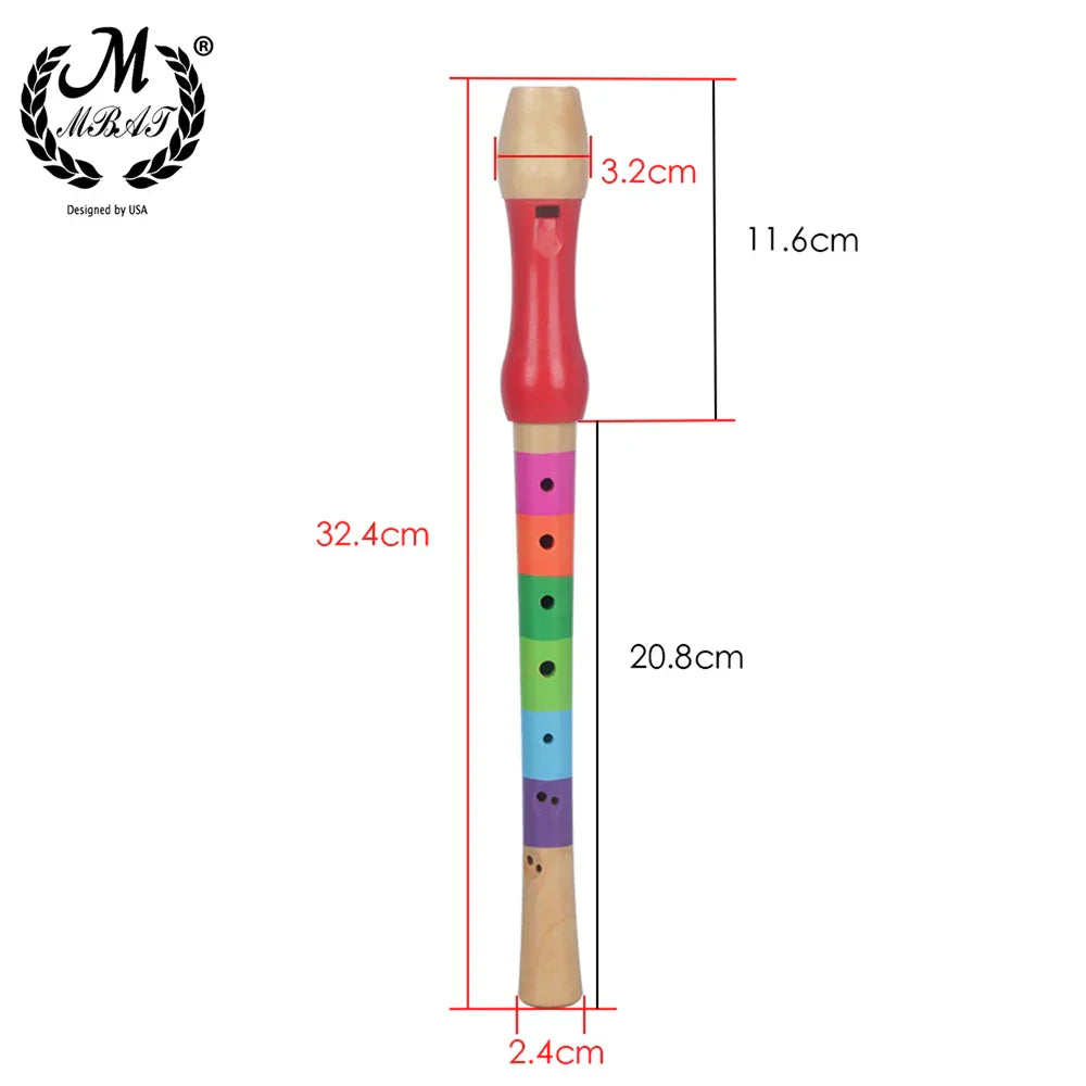 A colorful mbat high quality wooden eight hole flute wooden kids instrument with a red body and rainbow keys by m&j