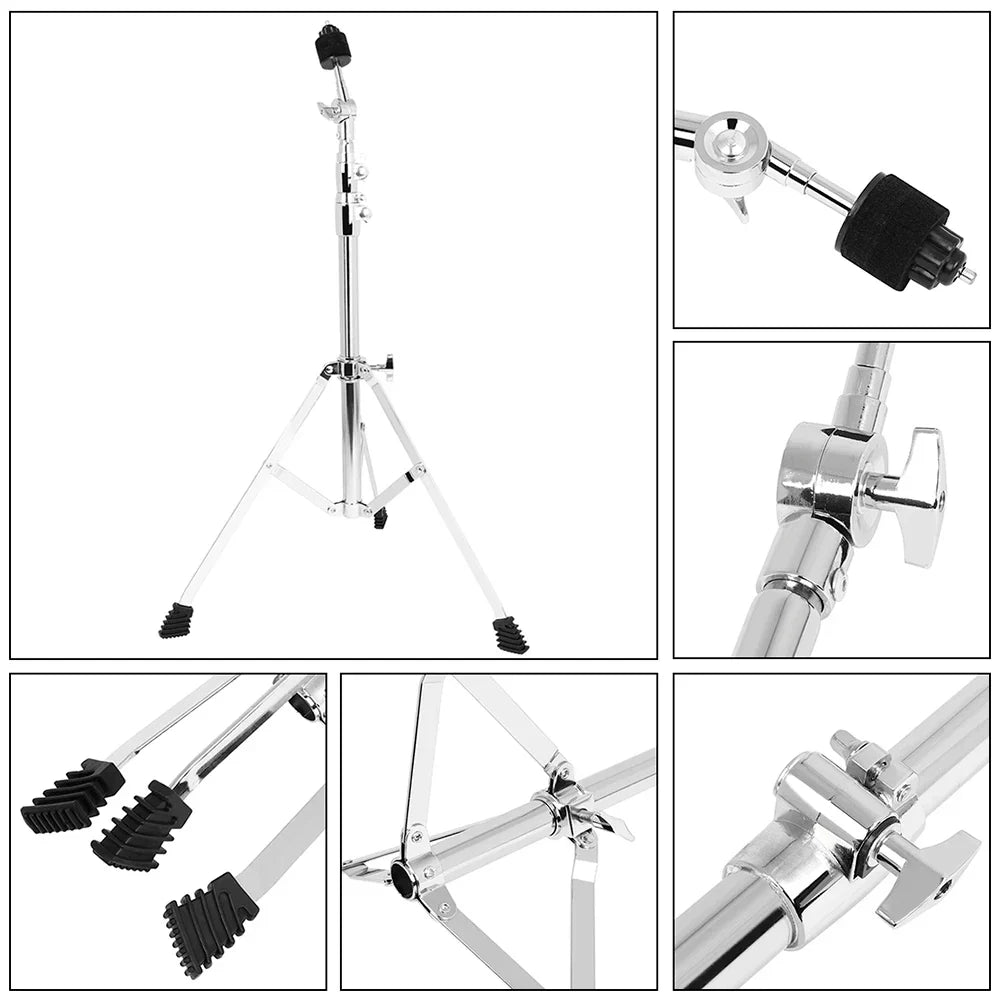 Chrome-finished stand holder jazz drum with black rubber feet and padded grip ends featuring portable adjustment foldable design