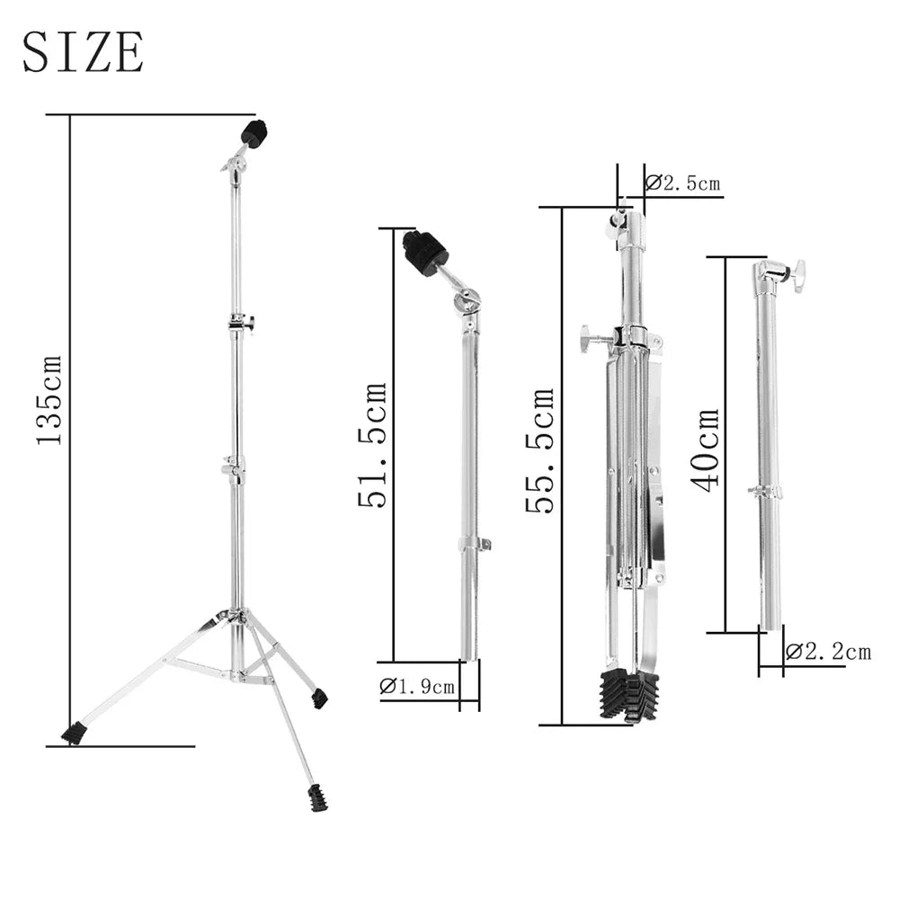 Silver chrome-finished full metal adjustable drum stand holder jazz with black rubber feet portable adjustment foldable design