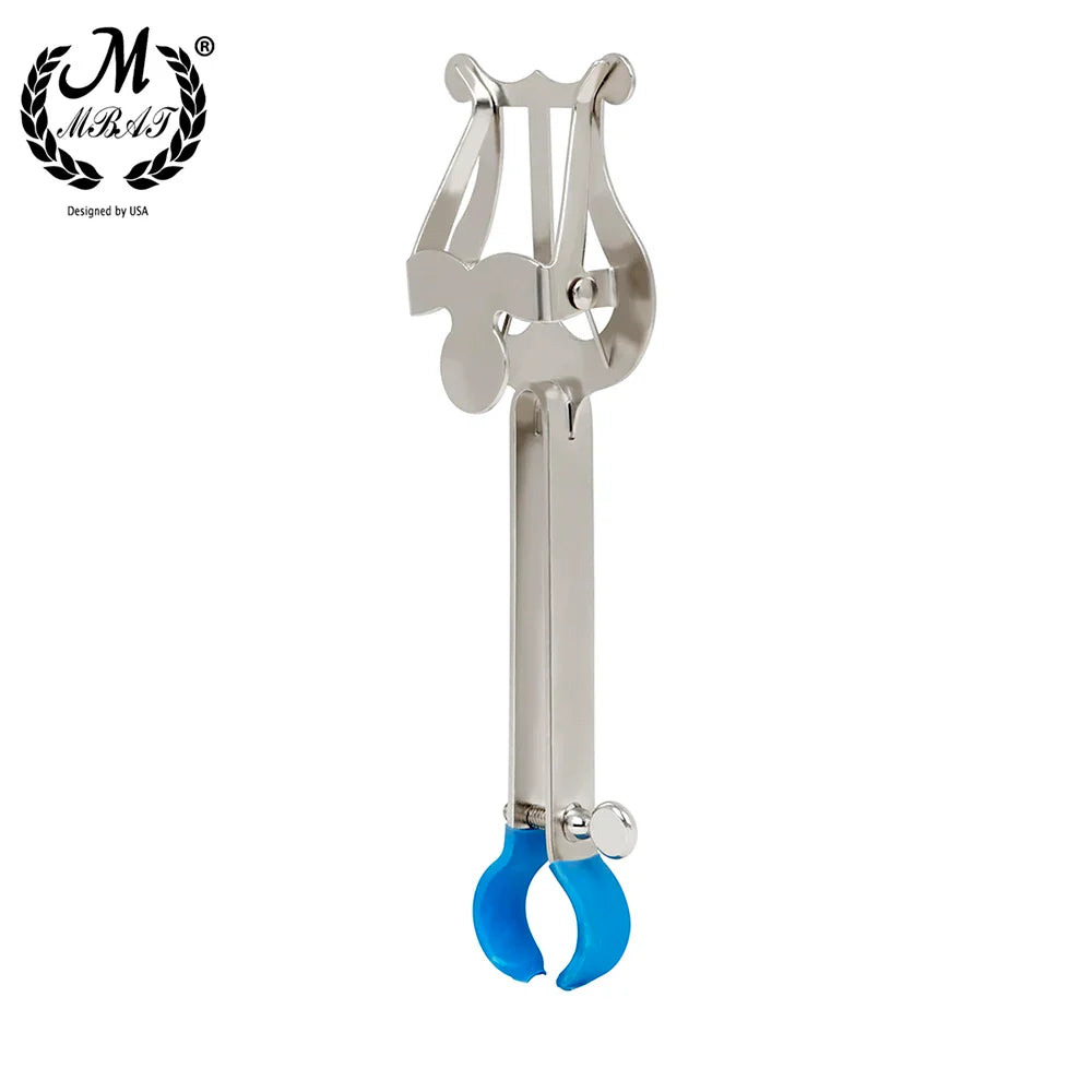 Silver metal mbat trumpet clip lyre-style music stand clamp with blue rubberized grips for trombone folder universal use