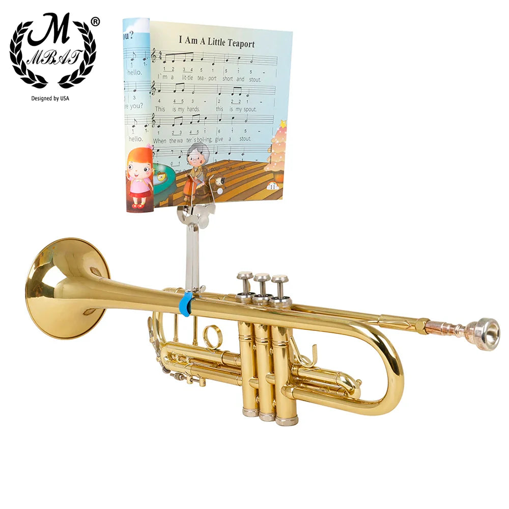 Gold-colored brass trumpet with mbat trumpet clip music stand clamp holding sheet music for universal trombone folder use