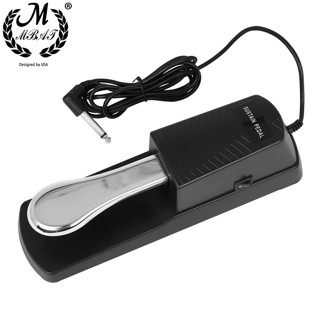 Black sustain pedal with shiny silver footplate and attached cable plug compatible electronic organ midi keyboards accessory